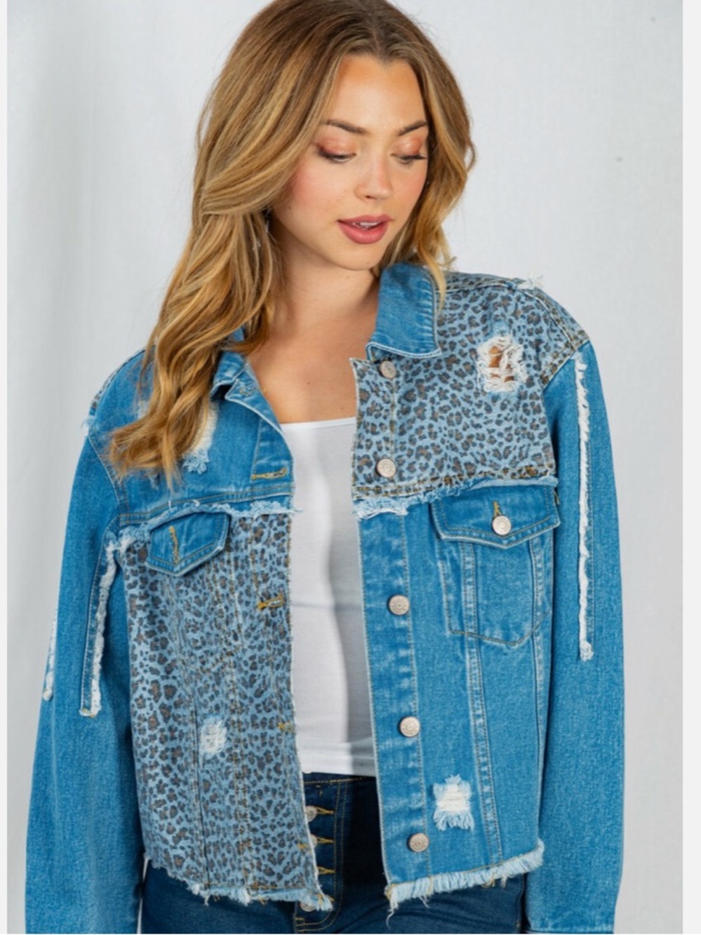 White Birch Leopard Panel Distressed Denim Jacket NWT